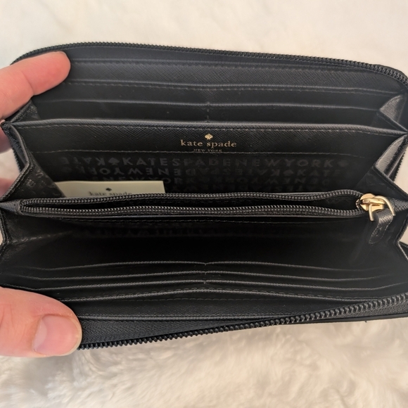Kate Spade Large Leather Zippy Wallet Black w/Silver Glitter Stripes - Picture 6 of 7